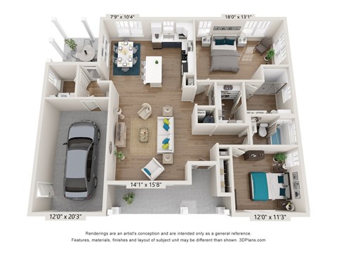 a 3 bedroom floor plan with a car in the living room